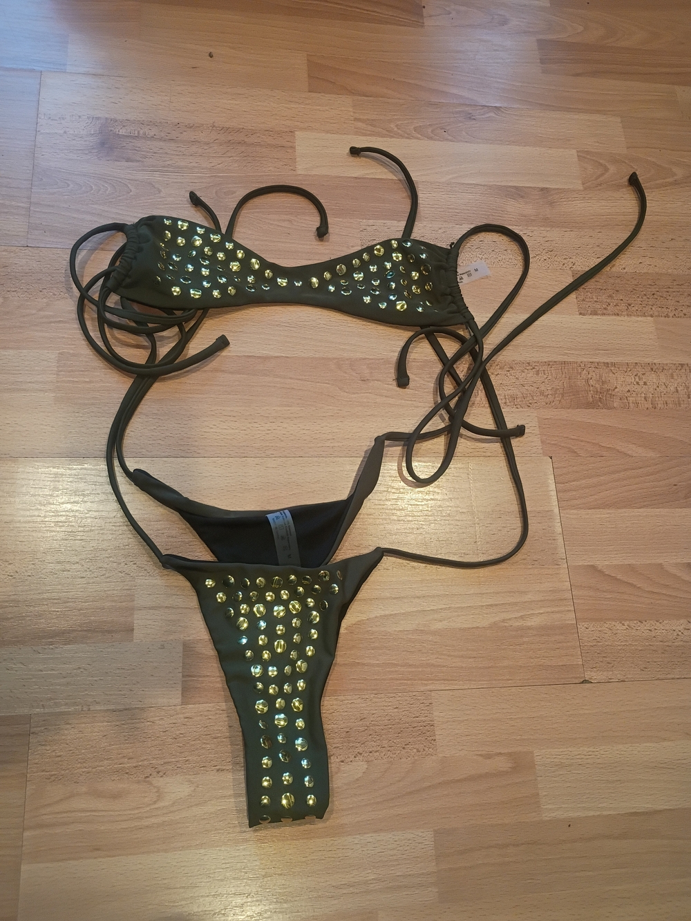 Stud-Embellished Olive Green Bikini Set